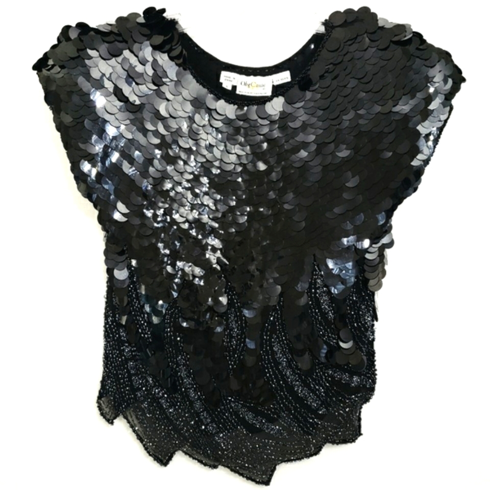 Vintage Oleg Cassini Crop Black Sequined Shortsleeve Top